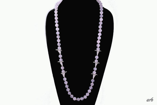 Gleaming Silver and Pale Pink Rose Quartz Long Necklace w/ Floral Motif