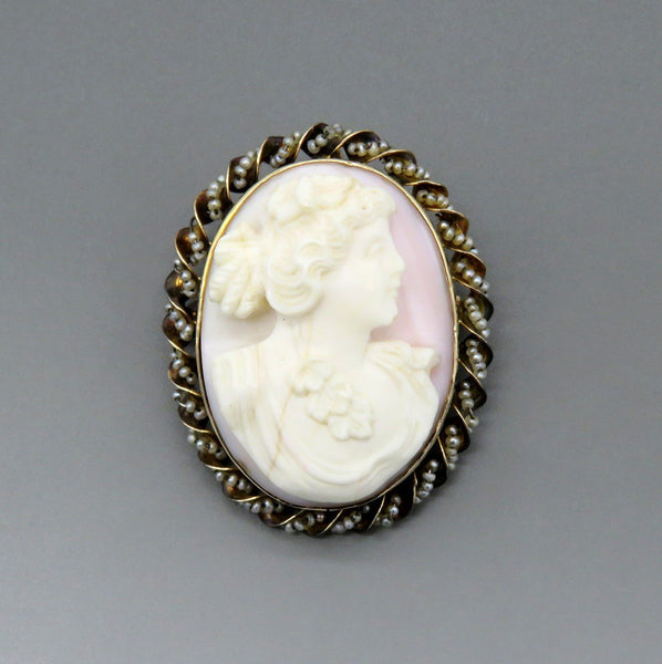 Early 1900s 10k Yellow Gold Real Seed Pearl Carved Cameo Brooch Pendant Pin