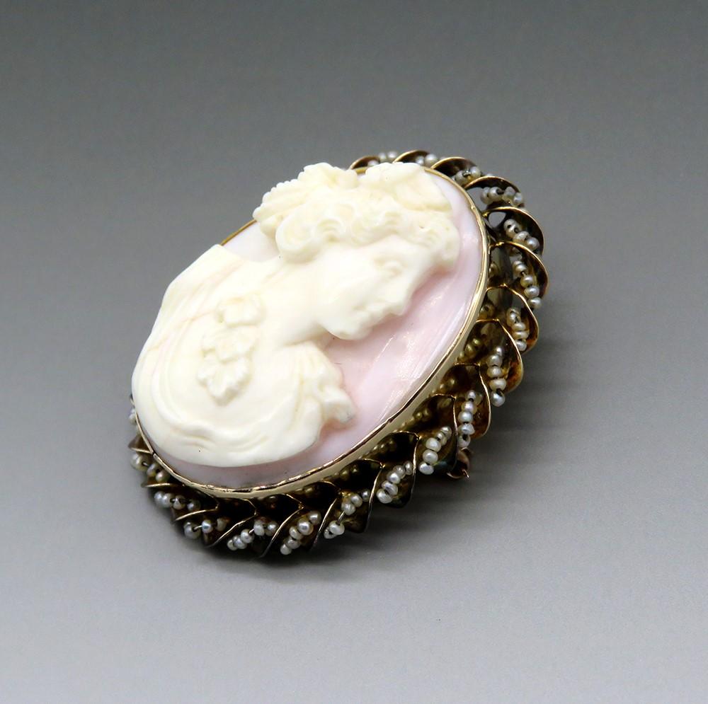 Early 1900s 10k Yellow Gold Real Seed Pearl Carved Cameo Brooch Pendant Pin