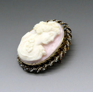 Early 1900s 10k Yellow Gold Real Seed Pearl Carved Cameo Brooch Pendant Pin