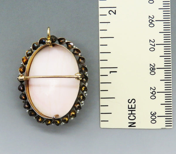 Early 1900s 10k Yellow Gold Real Seed Pearl Carved Cameo Brooch Pendant Pin