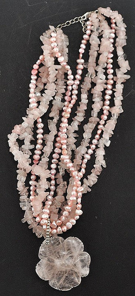 Wonderful 5 Strand Rose Quartz and Pearl Beaded Necklace Tumbled Stones