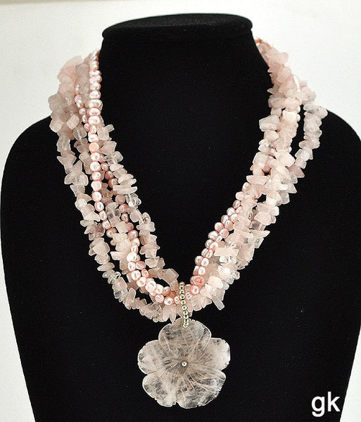 Wonderful 5 Strand Rose Quartz and Pearl Beaded Necklace Tumbled Stones