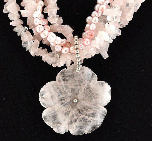 Wonderful 5 Strand Rose Quartz and Pearl Beaded Necklace Tumbled Stones