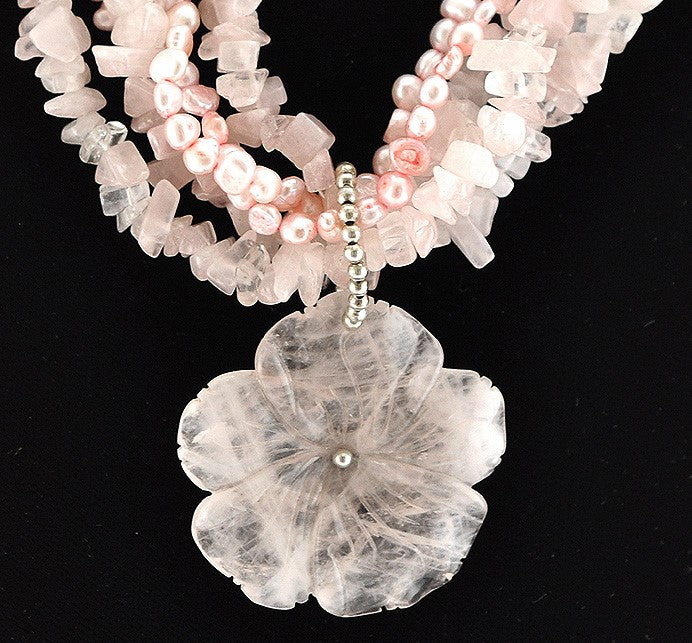 Wonderful 5 Strand Rose Quartz and Pearl Beaded Necklace Tumbled Stones