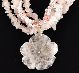 Wonderful 5 Strand Rose Quartz and Pearl Beaded Necklace Tumbled Stones