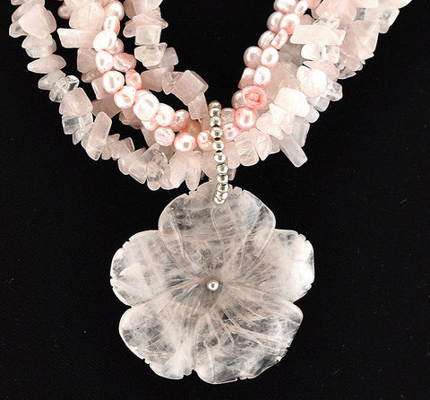 Wonderful 5 Strand Rose Quartz and Pearl Beaded Necklace Tumbled Stones