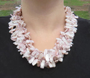 Fabulous 4 Strand Pink Pearl Bib Statement Necklace 14K Clasp