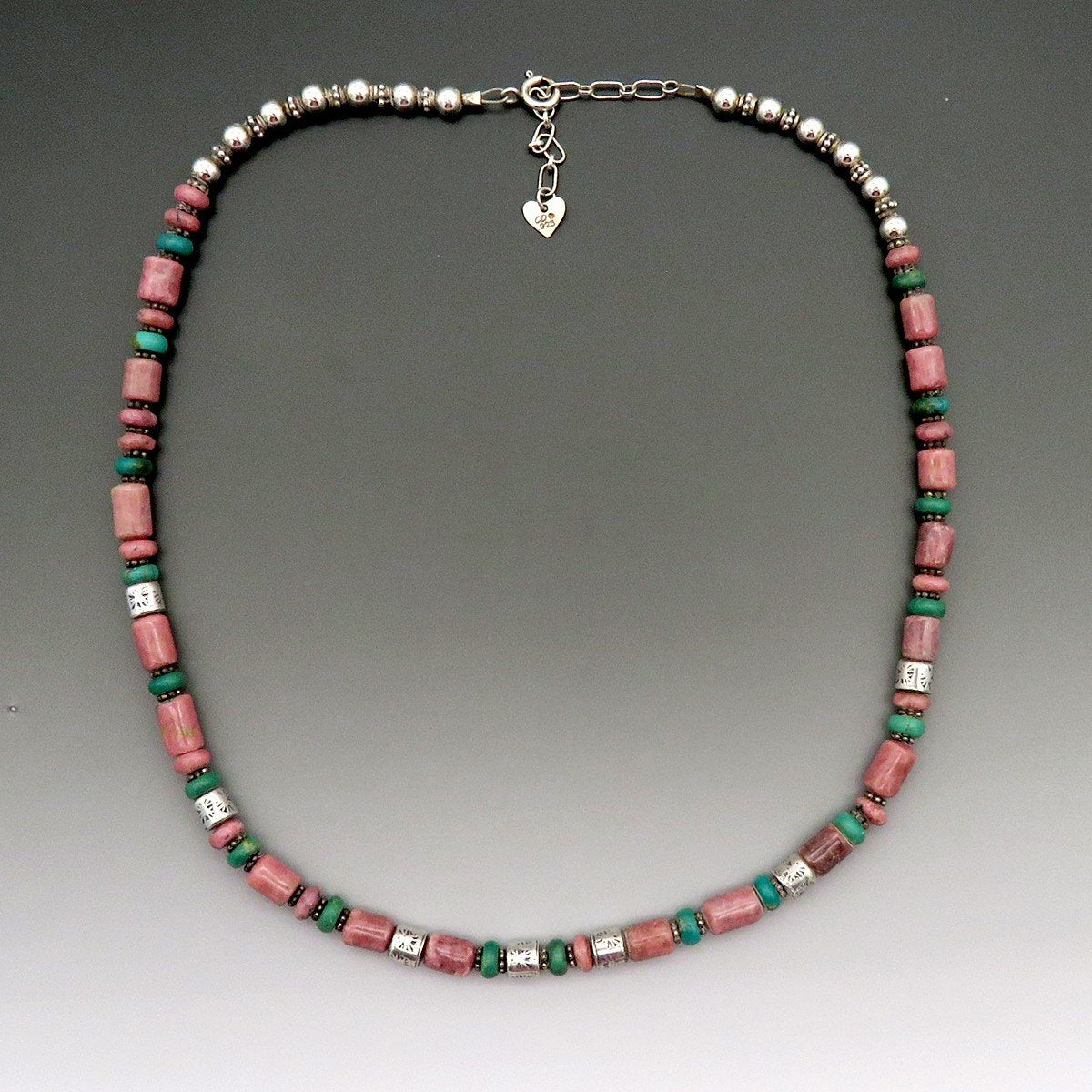 Artisan Sterling Silver Turquoise Rhodonite Punchwork Bead Necklace