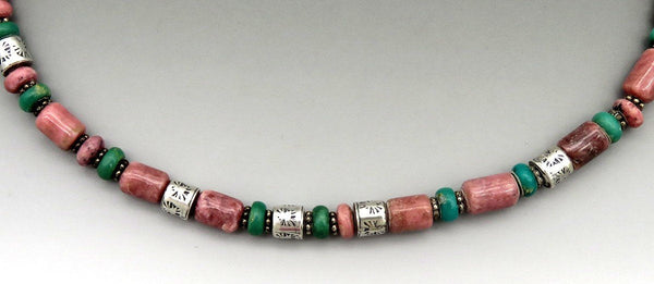 Artisan Sterling Silver Turquoise Rhodonite Punchwork Bead Necklace