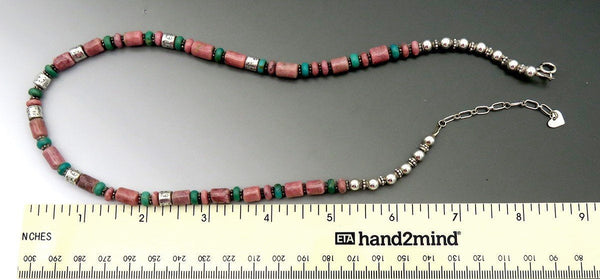 Artisan Sterling Silver Turquoise Rhodonite Punchwork Bead Necklace