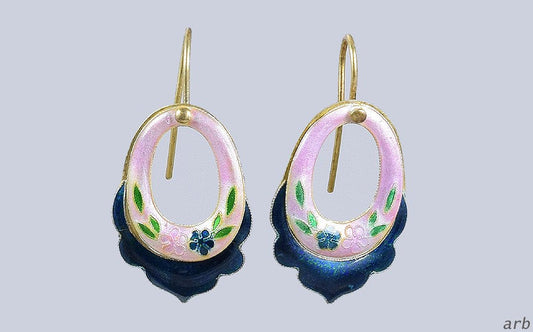 Chic 24k Vermeil Sterling Silver Pink/Teal Cloisonne Handmade Pierced Earrings