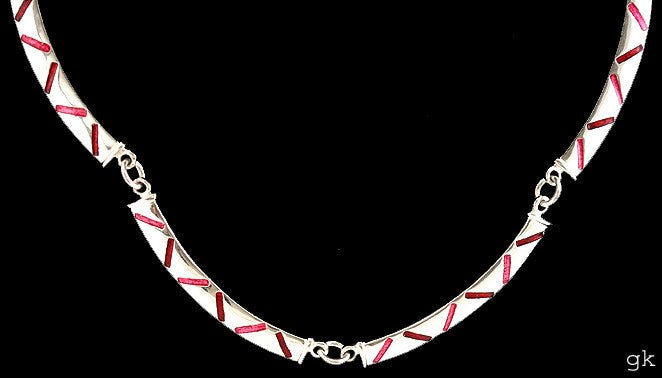 Stunning Sterling Silver Pink and Red Enameled Link Necklace 15"