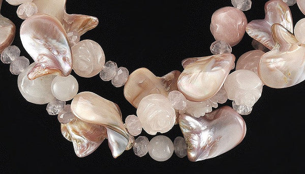 Nice Sterling Silver w/ Pink Rose Quartz and Pink Shell Necklace w/ Carved Beads