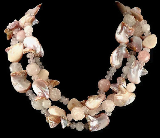 Nice Sterling Silver w/ Pink Rose Quartz and Pink Shell Necklace w/ Carved Beads