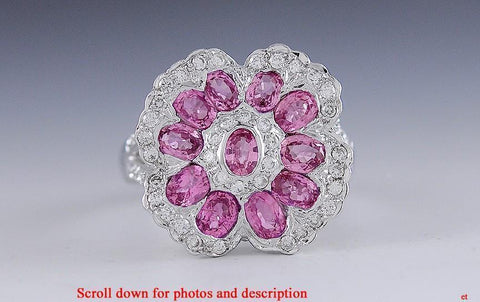 Superb Diamond and Pink Sapphire 18K White Gold Flower Ring