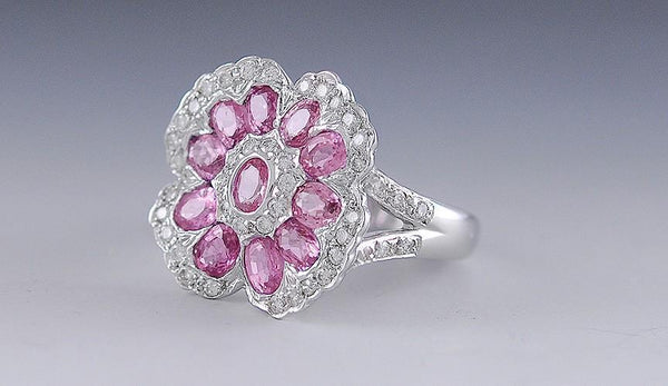 Superb Diamond and Pink Sapphire 18K White Gold Flower Ring