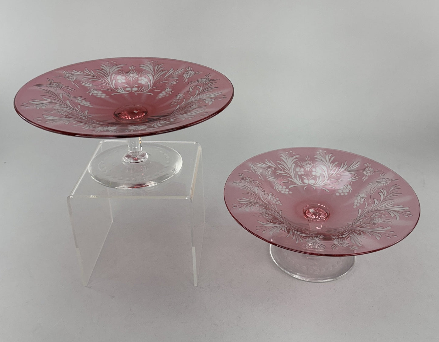 Rare Pair c1915 Carder Steuben Red Cut Clear Low Tazzas Compotes Pedestal Bowls