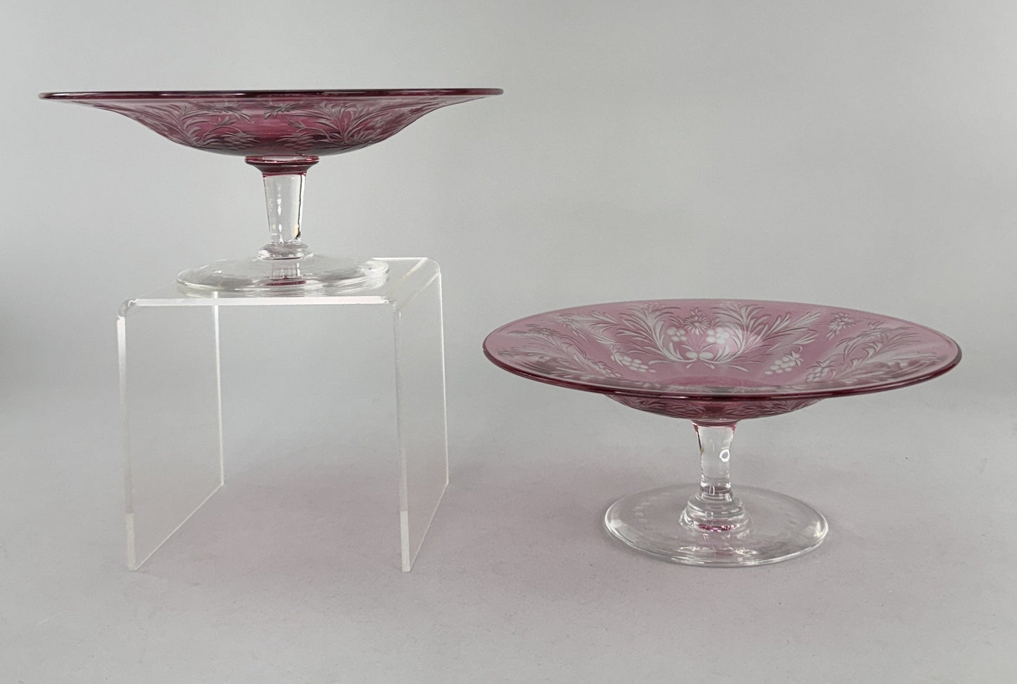Rare Pair c1915 Carder Steuben Red Cut Clear Low Tazzas Compotes Pedestal Bowls