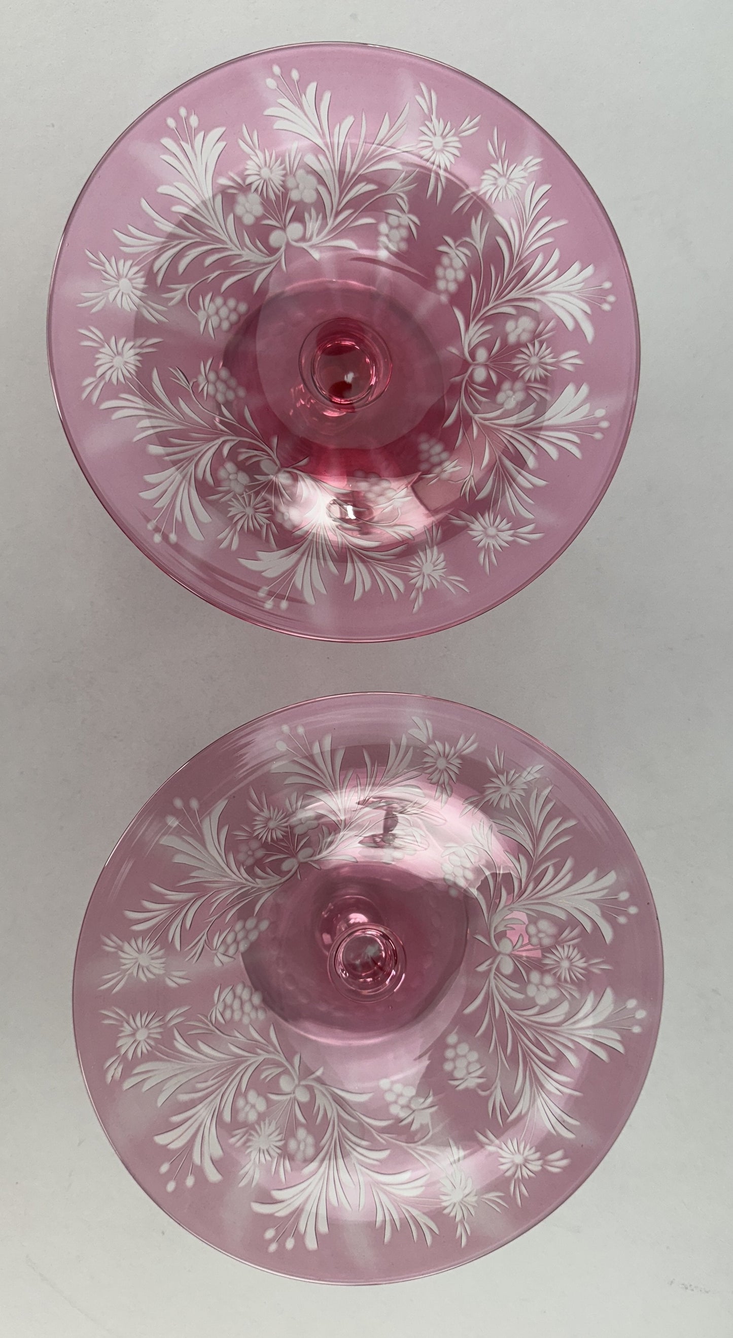 Rare Pair c1915 Carder Steuben Red Cut Clear Low Tazzas Compotes Pedestal Bowls