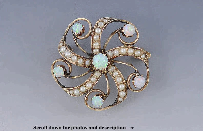 c1900 Antique American 10k Yellow Gold Natural Pearl Opal Spiral Pin Brooch