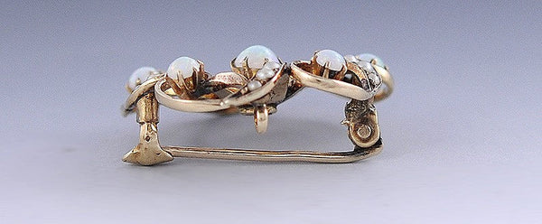 c1900 Antique American 10k Yellow Gold Natural Pearl Opal Spiral Pin Brooch