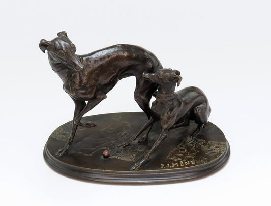 Late 1800s Pierre Jules Mene French Bronze Two Whippets at Play Jiji et Gisella