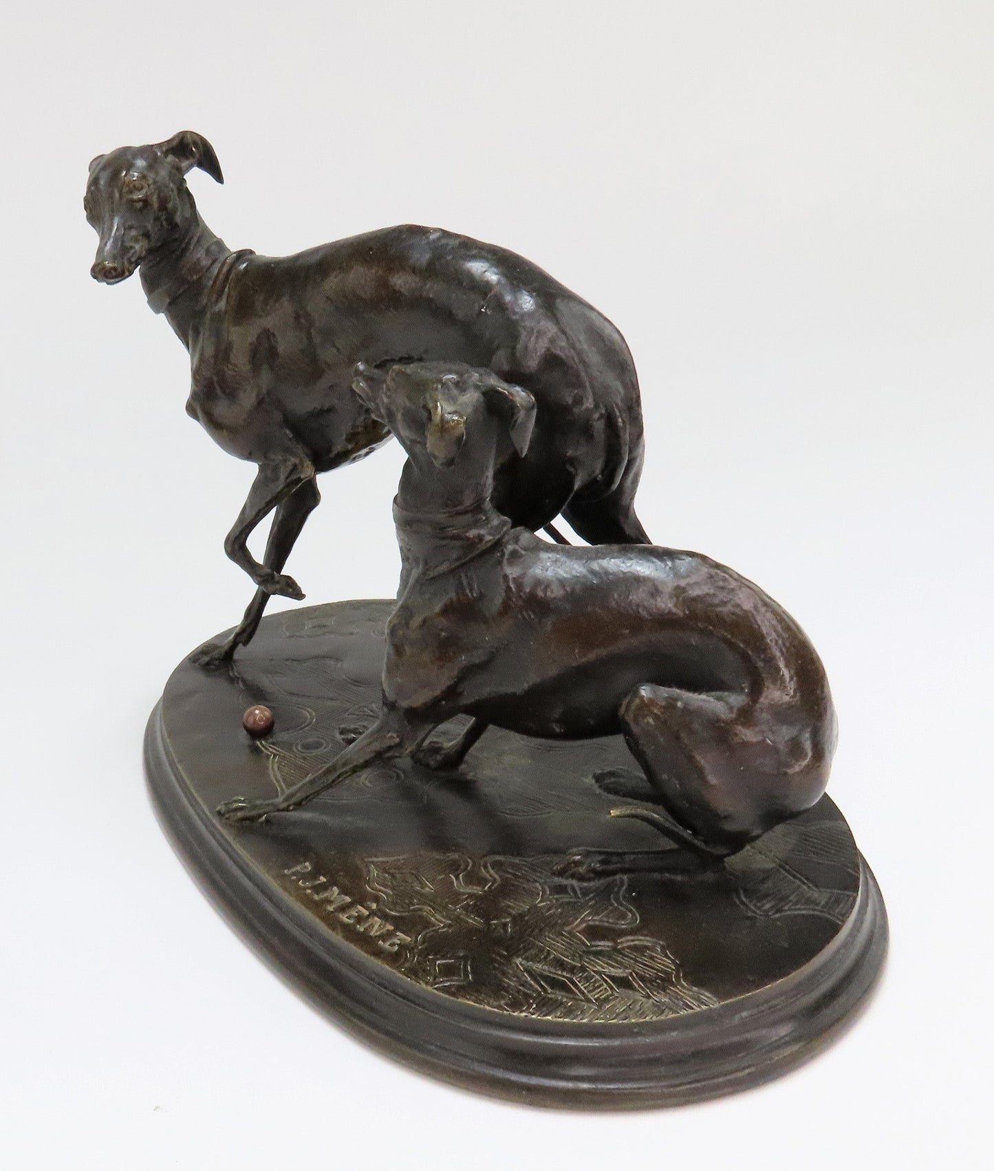 Late 1800s Pierre Jules Mene French Bronze Two Whippets at Play Jiji et Gisella