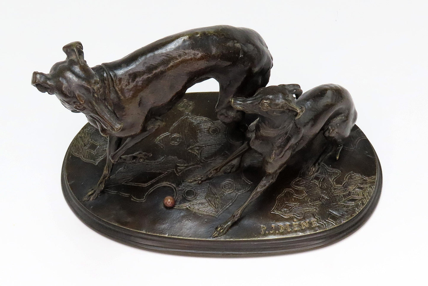 Late 1800s Pierre Jules Mene French Bronze Two Whippets at Play Jiji et Gisella