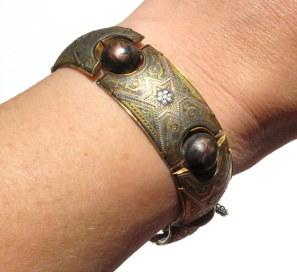 Lovely VTG Toledo Damascene Mixed Metal Inlay Panel Star Bracelet