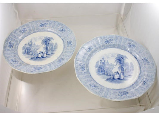 2 c1840 English Podmore Walker Pearl Stoneware Blue White Spartan Pattern Plates