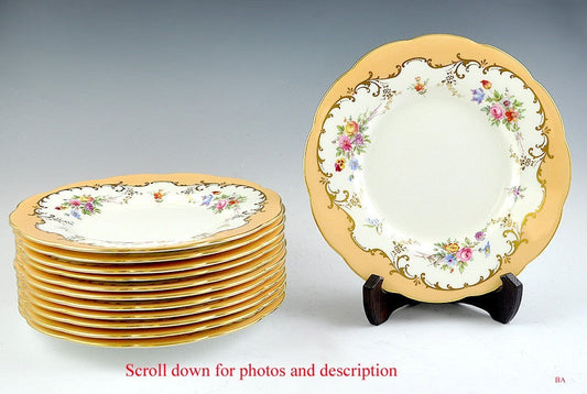 12 Mintons Gilt Floral Porcelain Luncheon Plates - Orange Border Patt H4704