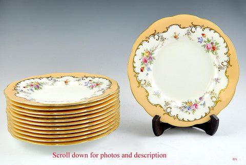 12 Mintons Gilt Floral Porcelain Luncheon Plates - Orange Border Patt H4704