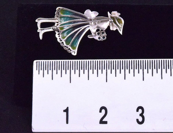 Brilliant Sterling Silver Colorful Plique-a-Jour Pin of a Girl and Flowers