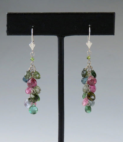 Beautiful 14k White Gold Multicolor Pink Green Tourmaline Dangle Drop Earrings