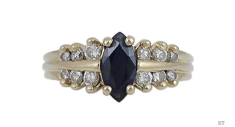 Stunning 14K Yellow Gold Diamond Marquise Blue Sapphire Ring Size 6