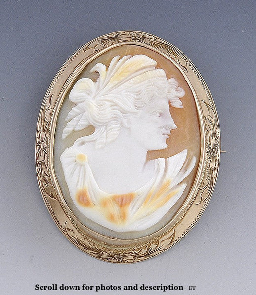 c1900 Victorian 10k Gold Hand Carved Engraved Cameo Brooch Pin Pendant