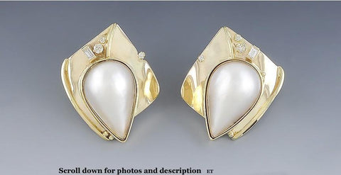 Signed Rare Vincent Ferrini Unique 14k Yellow Gold Diamond & Mabe Pearl Earrings