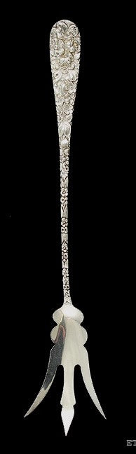 Antique Repousse Stieff Rose Flower Sterling Silver Lettuce Serving Fork
