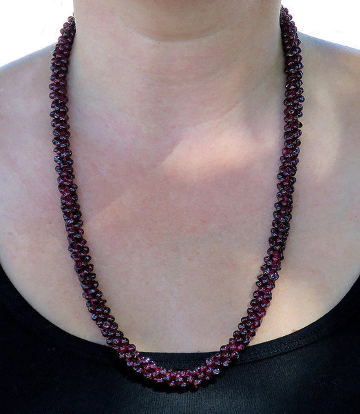 Vintage Twist Bead Polished Natural Garnet Gemstone Long Necklace