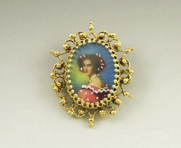 Vintage 1950s 14K Yellow Gold Painted Miniature Portrait Pin/Brooch/Pendant