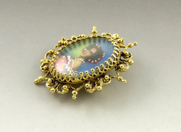 Vintage 1950s 14K Yellow Gold Painted Miniature Portrait Pin/Brooch/Pendant