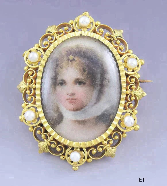 Superb Victorian 14k Gold Seed Pearl Miniature Painting Portrait Brooch / Pin