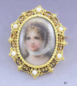 Superb Victorian 14k Gold Seed Pearl Miniature Painting Portrait Brooch / Pin