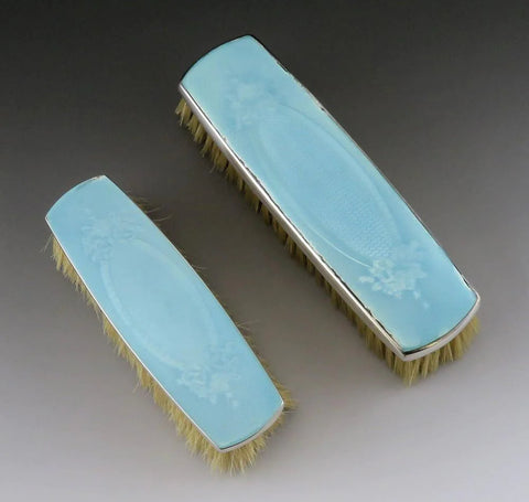 2 Antique Victorian Thomae Sterling Silver Guilloche Enamel Clothes/Hair Brushes