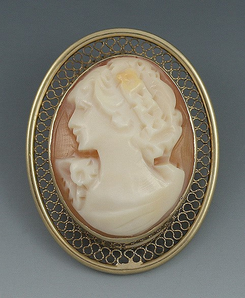Nice 14k Gold Carved Shell Cameo Filigree Pin Brooch Pendant