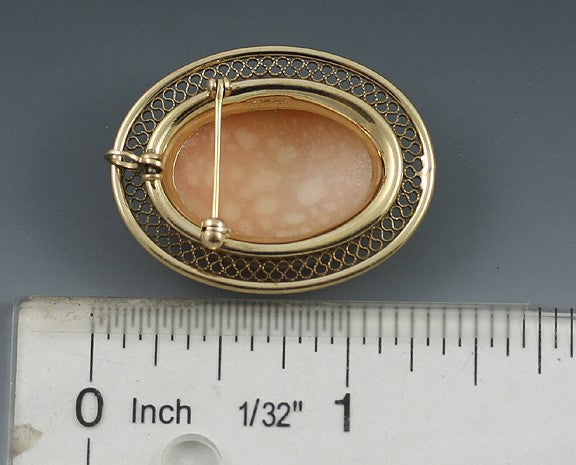Nice 14k Gold Carved Shell Cameo Filigree Pin Brooch Pendant