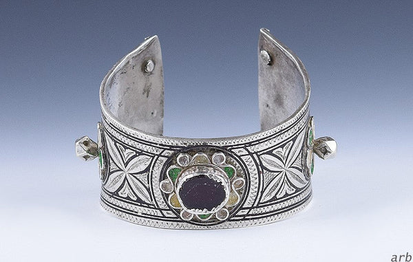 Antique European 800+ Purity Silver Thick Cuff Bracelet w/ Enamel SE Asia