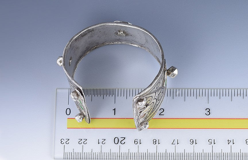 Antique European 800+ Purity Silver Thick Cuff Bracelet w/ Enamel SE Asia