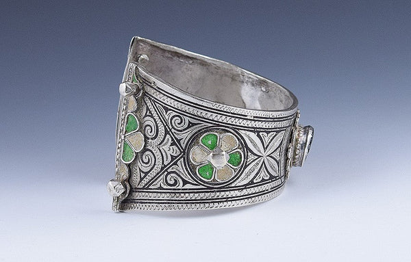 Antique European 800+ Purity Silver Thick Cuff Bracelet w/ Enamel SE Asia